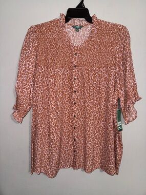 Terra and Sky Floral Button-Front Blouse 4X BNWT